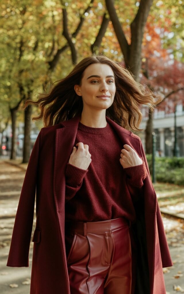 A white-skinned model with wavy chestnut hair stands in a city park surrounded by fall foliage. She wears a monochrome burgundy outfit — knit sweater, tailored trousers, and matching coat. Natural daylight filters through trees, golden and crisp. She’s smiling softly, holding her coat closed with both hands.