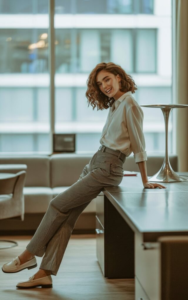 A white-skinned woman with wavy brown hair poses casually in a chic office lounge. She wears black-and-white printed trousers, a crisp white button-up top, and loafers. Soft indoor light from large windows creates a cozy professional vibe. She leans slightly on a desk, with a playful smirk.