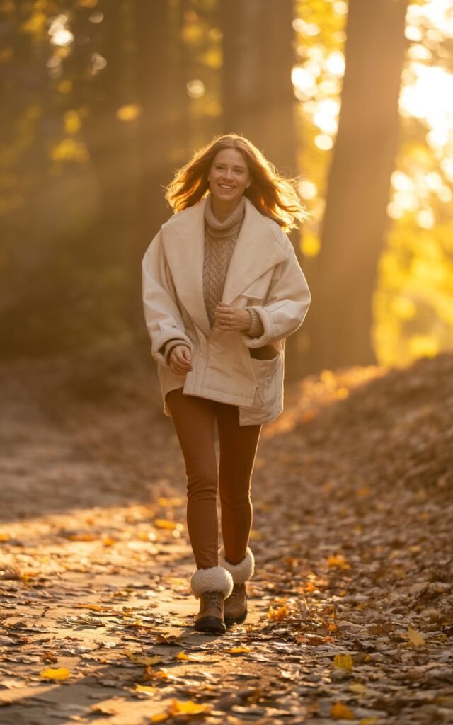 A woman in a cream shacket layered over a knit turtleneck and brown leggings, paired with shearling boots. She stands on a leaf-strewn trail during golden hour. Her hair glows in the backlight, and she’s walking forward, smiling naturally. The warm tones feel cinematic and inviting.