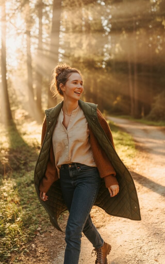 A woman wears a cream blouse layered under a brown cardigan and olive quilted vest, paired with jeans and boots. She’s on a forest trail during golden hour. Natural light glows through trees, adding depth. Her hair is tied loosely, and she’s mid-laugh, turning slightly toward the camera.