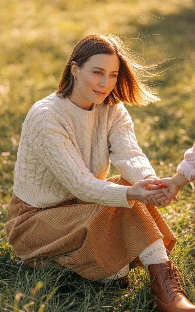 Adult female model styled like a mom figure — cream knit sweater, tan corduroy skirt, and brown boots — standing in a meadow at sunset. Golden-hour light makes textures pop. Her hair is windswept, expression soft and warm, holding a child’s hand out of frame to hint at family context.