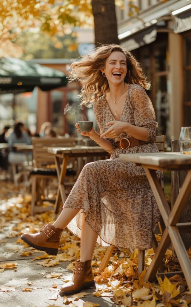 At an outdoor café surrounded by autumn leaves, a white-skinned woman with light brown curls wears a flowy floral midi dress cinched with a wide belt and ankle boots. Natural daylight, soft breeze moving her hair. She stands holding a coffee cup, laughing mid-candid, radiating cozy boho charm.