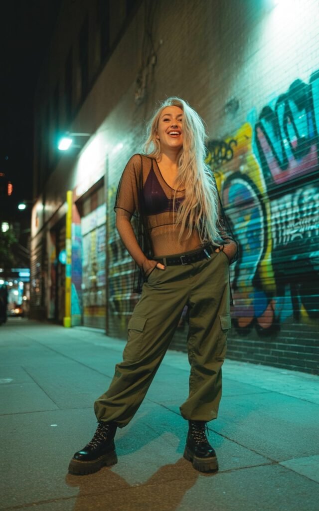 At an urban night spot with graffiti walls, a white-skinned woman with long platinum-blonde hair wears a black mesh top layered over a bralette, paired with olive cargo pants and chunky boots. Cool-toned lighting from street lamps. She’s standing confidently with one hand in her pocket, expression bold and playful.