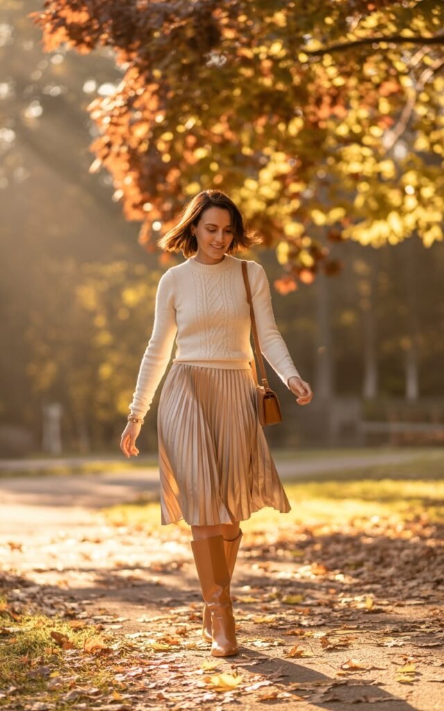 Autumn outdoor setting with golden leaves around. The model wears a champagne pleated skirt and a fitted cream sweater tucked in. Knee-high tan boots and a crossbody bag complete the look. Lighting golden hour glow. Pose walking lightly, looking down with a soft smile.