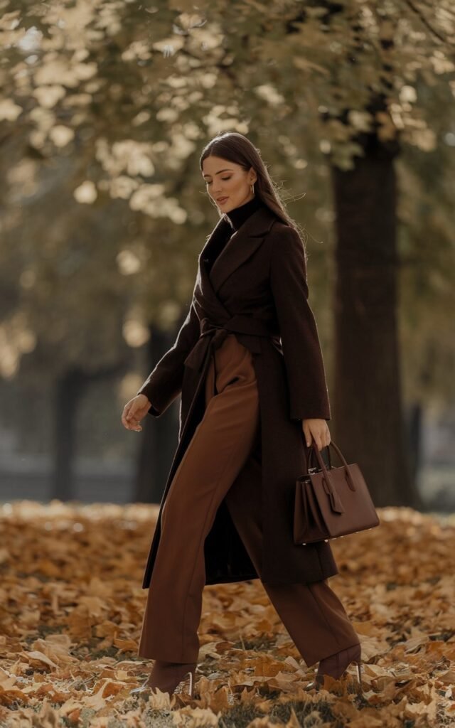 Autumn park scene with golden leaves and soft daylight. The model walks gracefully, wearing a deep chocolate wool coat with a matching structured handbag. Underneath, she wears tailored trousers and heeled boots. The tones are rich and warm, with sunlight filtering through trees — pure fall luxury.