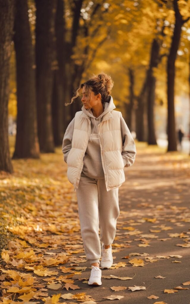 Autumn park setting with golden leaves. Model in a cream puffer vest layered over a light-gray hoodie and joggers. Sneakers and messy bun. Walking along a path with warm, diffused sunlight.
