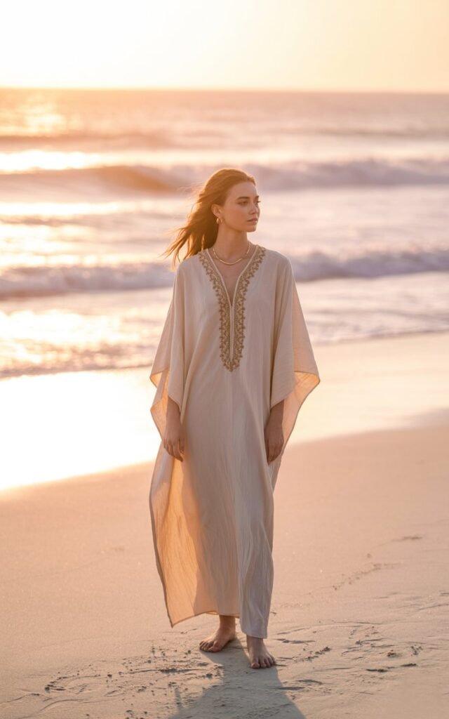 Beach scene at sunrise with soft pastel lighting. The model stands barefoot on the sand wearing a cream kaftan with delicate gold embroidery and minimal jewelry. Her hair flows naturally in the wind, expression peaceful. The ocean waves softly blur in the background.