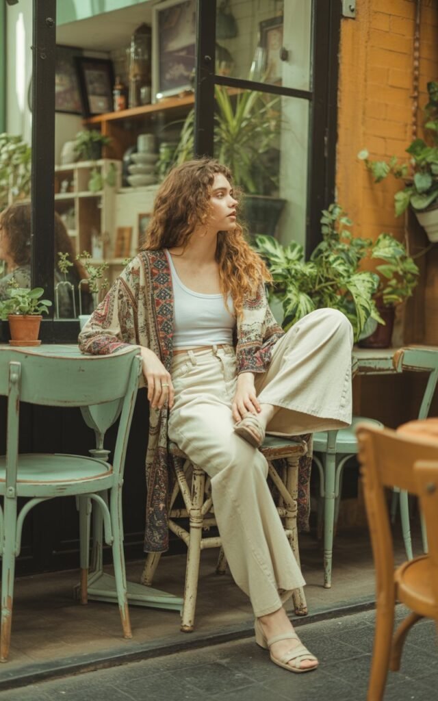 Bohemian-inspired indoor café scene with soft daylight. The model wears a printed kimono jacket over cream flowy pants and a simple white top. She’s sitting casually on a wooden chair, one leg crossed, with loose wavy hair. The background includes plants and earthy tones for an artistic, relaxed vibe.