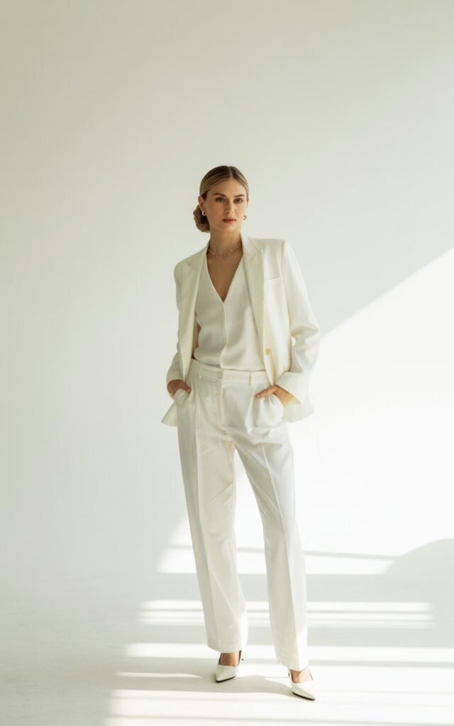 Bright minimalist studio setting. Model with dark blonde hair in sleek low bun wears an all-white outfit — blazer, trousers, and heels — with gold jewelry. Lighting is bright natural light with soft shadows. She stands confidently with hands in pockets, exuding quiet strength.