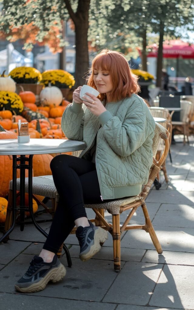 Candid outdoor shot of a white-skinned woman with copper hair in a sage-green quilted bomber jacket, black leggings, and chunky sneakers. She’s sipping coffee at a cozy outdoor café, surrounded by pumpkins and fall décor. Morning sunlight filters through trees. Her smile is relaxed and natural.