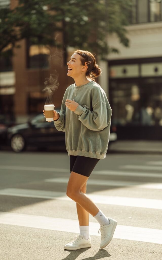 Candid street shot of a model in an oversized vintage sweatshirt and black bike shorts. Crew socks, white sneakers, and a claw clip in her hair. She’s mid-laugh with coffee in hand. Soft daylight with warm tones.