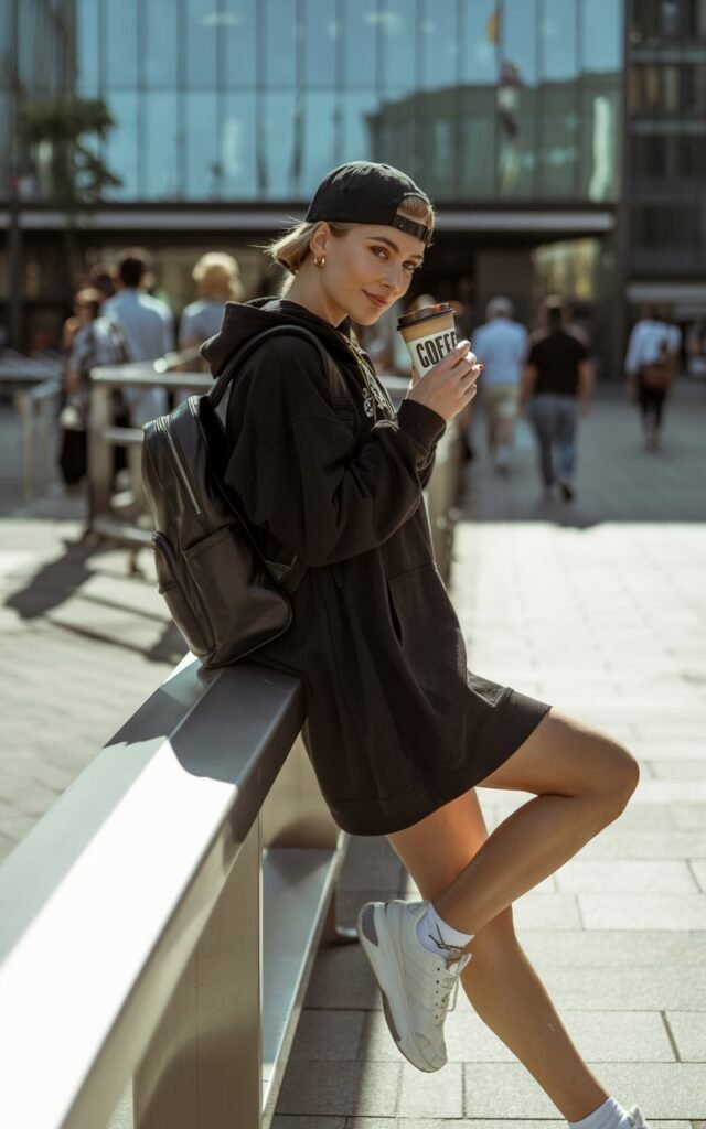 Captured in a modern city plaza, the model wears an oversized black hoodie dress with chunky white sneakers. A baseball cap and backpack complete the outfit. She leans casually against a railing, sipping iced coffee, giving off effortless cool vibes.