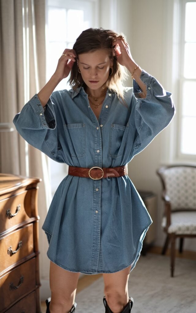 Captured in a sunlit bedroom setting with morning window light, the model wears an oversized denim shirt cinched at the waist with a brown belt, knee-high boots, and simple gold jewelry. She’s adjusting her hair, looking natural and effortlessly chic.