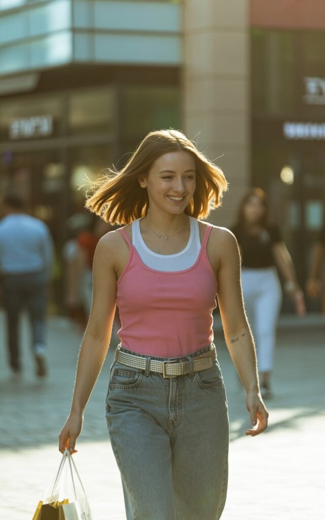 Captured in soft daylight on an outdoor shopping plaza. The model has medium-length light brown hair and wears two layered tanks (pink and white), low-rise jeans, and a wide metallic belt. She’s walking with a shopping bag, mid-smile, casual and effortless. Realistic textures and sun flare in the lens.