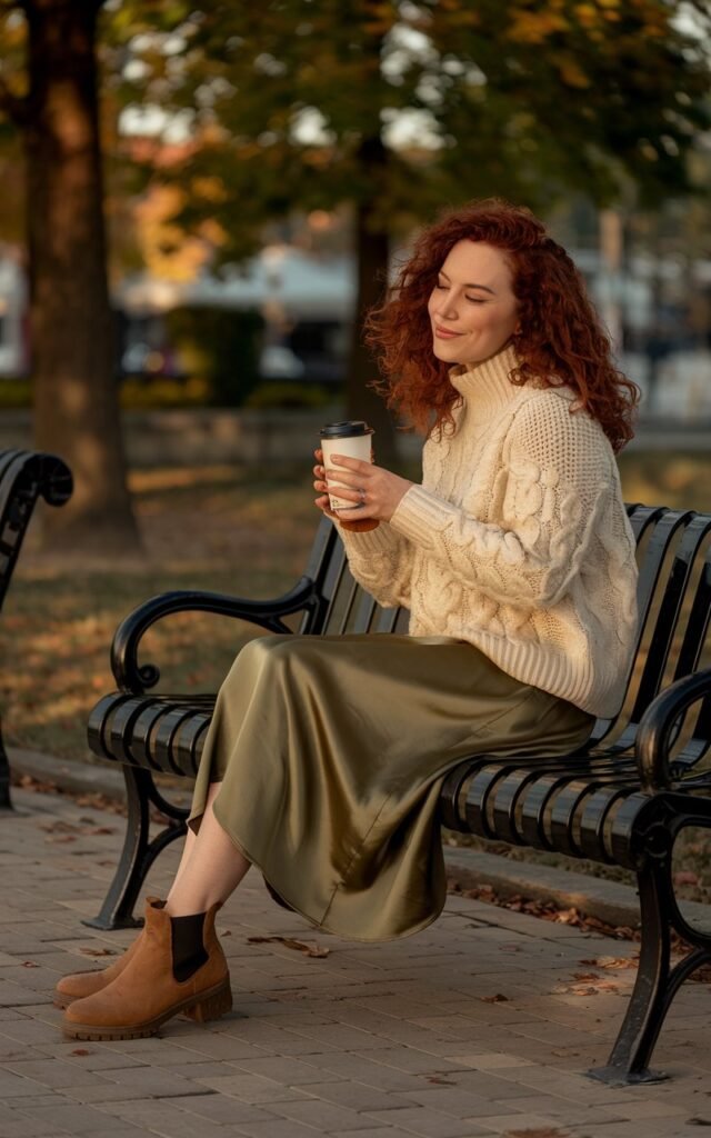 Captured on a park bench in early fall, a white-skinned woman with curly auburn hair wears a cream chunky knit sweater, olive satin midi skirt, and ankle boots. Lighting is natural golden hour. She’s sitting cross-legged, smiling gently, coffee cup in hand — cozy, romantic energy.
