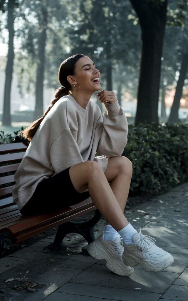 Casual fashion shot in a park. The model wears a beige oversized sweater with black biker shorts and chunky white sneakers. Her hair is tied in a sleek ponytail, minimal makeup with natural glow. She’s sitting on a bench laughing, morning light filtering through the trees.
