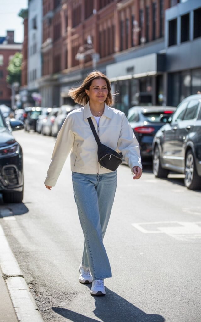 Casual street scene with parked cars and brick walls. Model in a white zip-up jacket and light-wash straight jeans, sneakers, and small crossbody bag. Walking naturally with breeze in her hair. Midday sunlight with real-life sharpness.