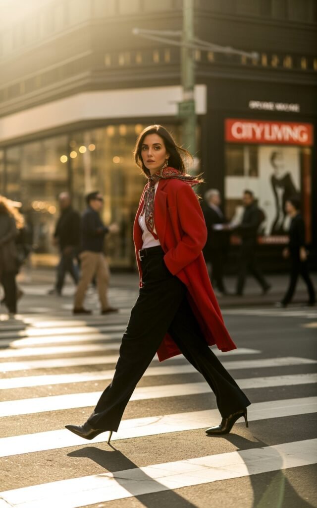 City crosswalk scene with golden-hour sunlight. She wears a bright red statement coat, a patterned scarf, black trousers, and heeled boots. Her hair flows freely as she looks confidently toward the camera mid-stride. Editorial street-style aesthetic.