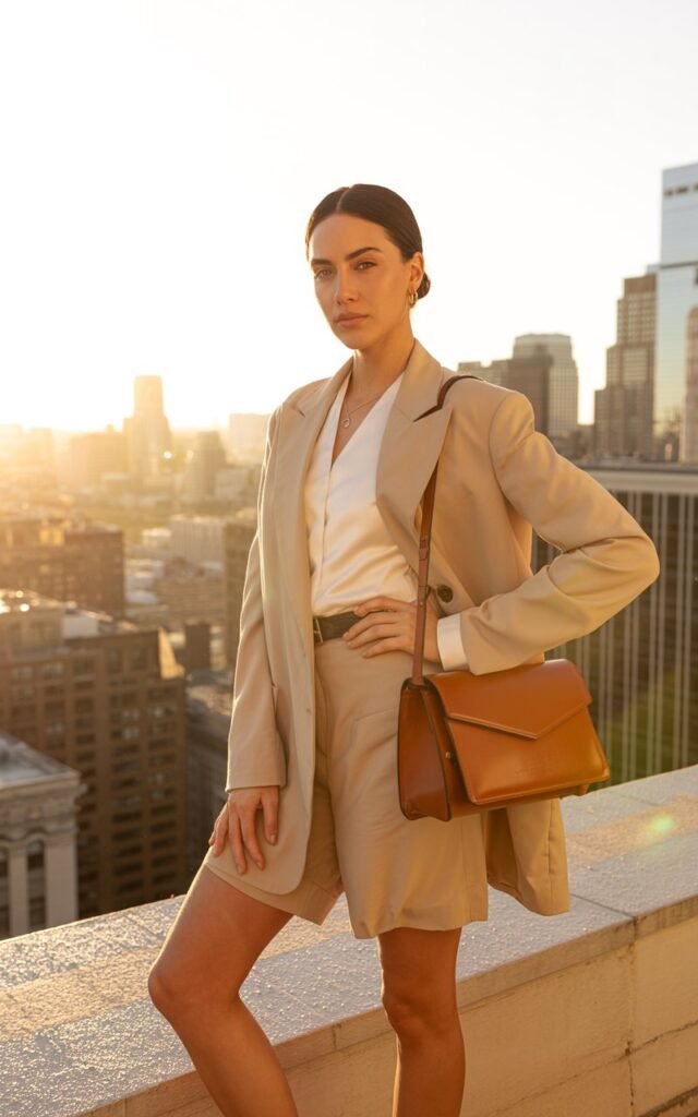 City rooftop at golden hour. The model wears a beige lightweight blazer over a white blouse and tailored mid-length shorts, styled with loafers and a leather satchel. Her hair is slicked back neatly, and she stands confidently against a skyline backdrop, glowing in the evening sun.