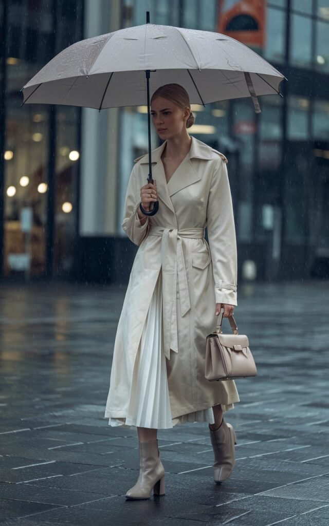City street scene under soft morning rain. The model wears a beige trench coat over a white pleated skirt, ankle boots, and carries a structured handbag. Her hair is neatly tied, and she walks under an umbrella, glowing in diffused daylight.