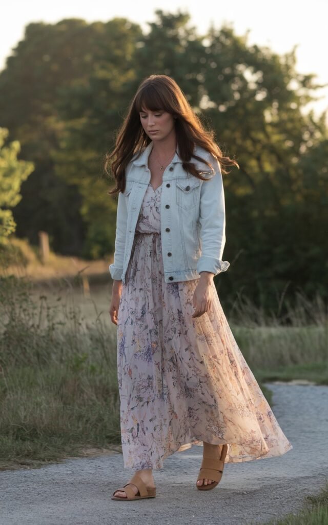 Countryside pathway at golden hour. Model with long chestnut waves wears a floral flowy maxi dress, light denim jacket, and tan sandals. Natural sunlight filters through trees. She walks barefoot, hair flowing — cinematic and carefree.