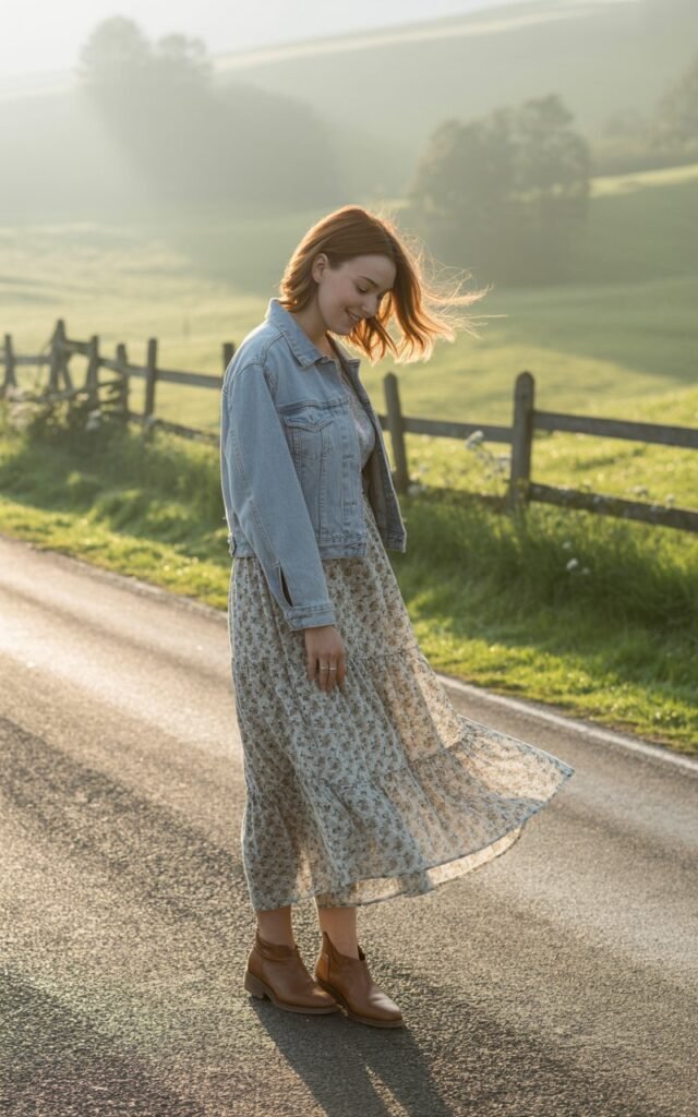 Countryside road with soft morning light. The model wears a floral cotton maxi dress with a light denim jacket and ankle boots. Her hair is in loose waves, and she looks down shyly with a small smile. The gentle wind lifts her dress hem slightly for a candid, natural shot.