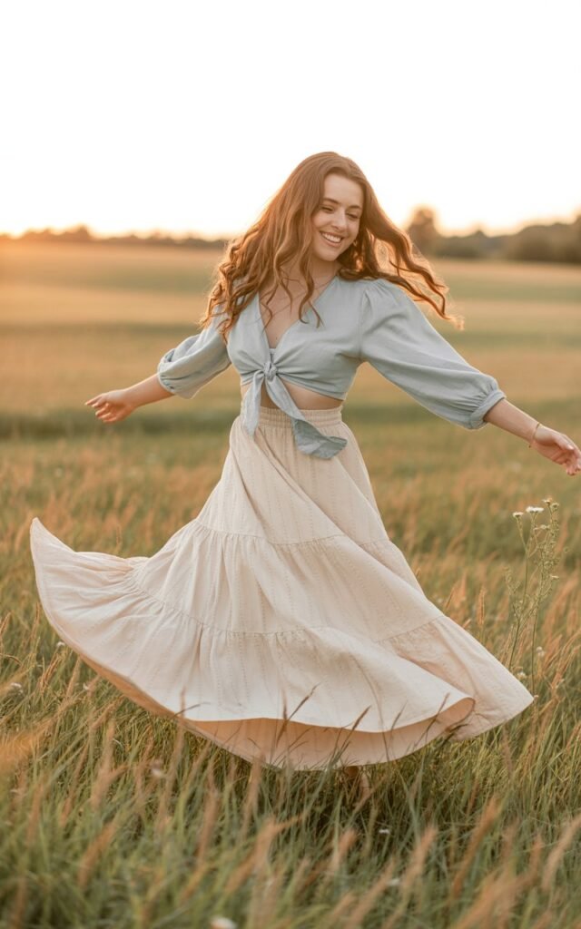Countryside setting with golden fields at sunset. The model wears a flowing cream tiered maxi skirt with a light blue tie-front blouse. She twirls with arms outstretched, long hair moving naturally. The candid shot captures motion, joy, and the romantic flow of fabrics.