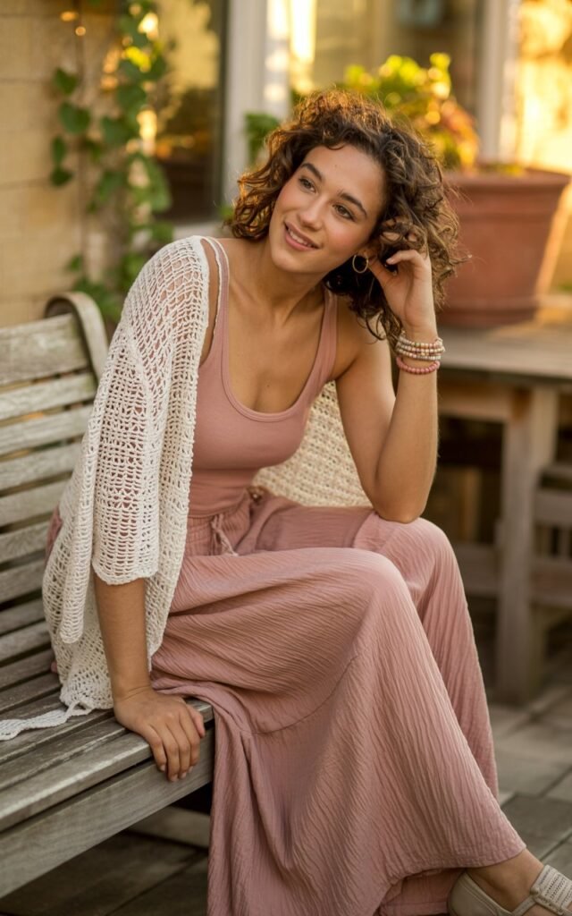 Cozy outdoor patio scene at sunset. The model wears a white crochet cardigan over a dusty rose maxi skirt and tank, accessorized with beaded bracelets. Her hair falls in natural curls, and she’s sitting casually on a wooden bench, smiling softly. Warm sunlight creates a golden glow.