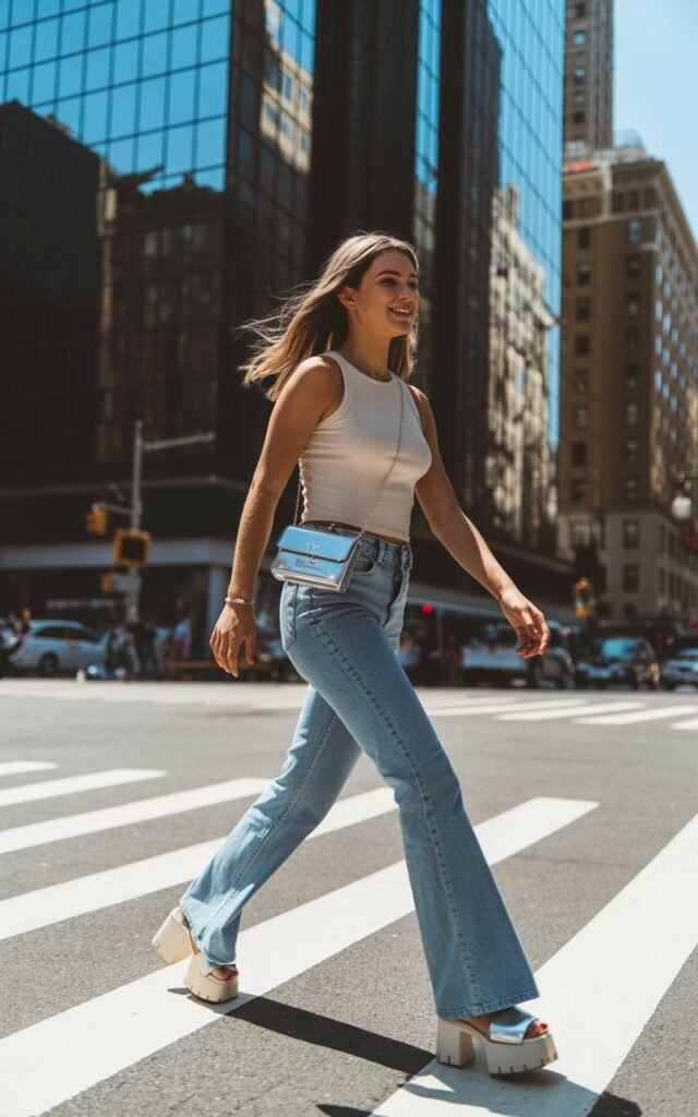 Daytime urban crosswalk scene with sunlight reflecting off glass buildings. The model wears a fitted tank top, flared jeans, white chunky platform sandals, and a tiny metallic mini bag. Her light brown hair flows naturally as she walks mid-stride, confident expression and natural texture highlighted.