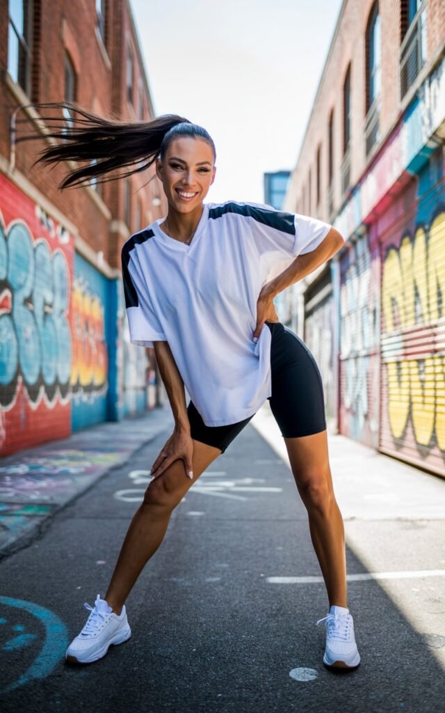 Downtown alleyway with graffiti walls. Model in an oversized sports jersey and black bike shorts. White sneakers, slick ponytail, and playful stance. Vibrant daylight and a confident, streetwear energy.