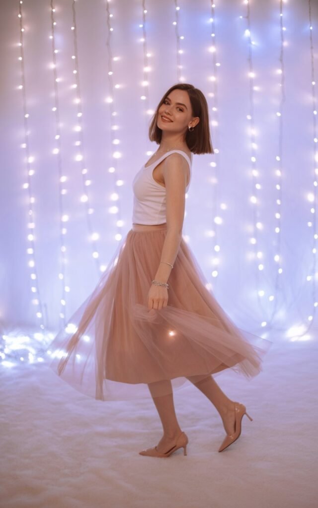 Dreamy studio backdrop with fairy lights. Model in a blush tulle midi skirt paired with a fitted white tank top, delicate heels, and subtle jewelry. Spinning gently, dreamy smile, ethereal vibe.