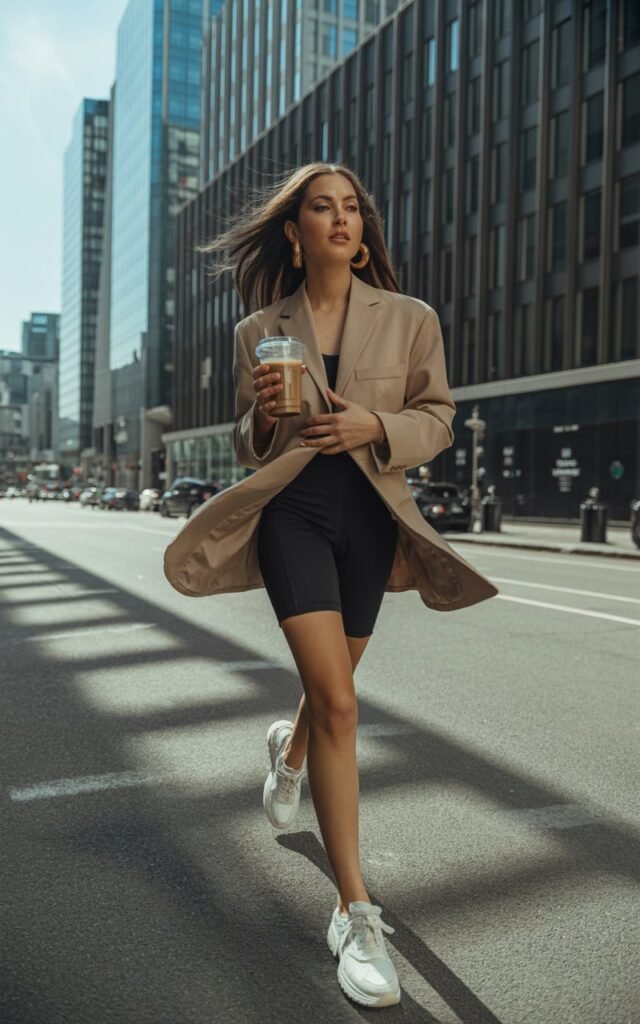 Editorial shot of a stylish model in black biker shorts and a beige oversized blazer. Setting modern city street with glass buildings. She’s mid-stride, holding an iced coffee, with gold hoops and white sneakers. Natural daylight with sharp shadows for a city-chic vibe.