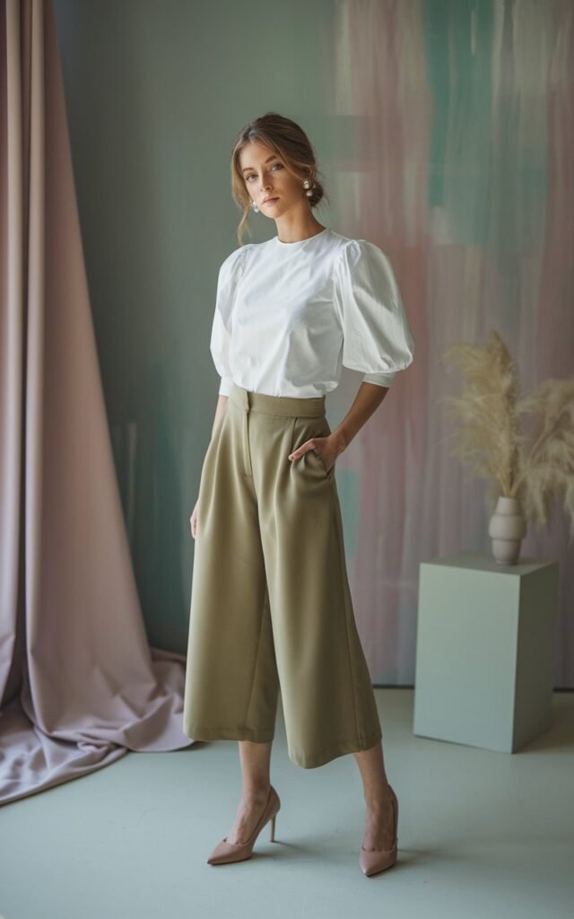 Editorial-style indoor shot with a muted pastel backdrop. A woman stands confidently, wearing a white puff-sleeve blouse tucked into olive culottes and nude heels. Her light brown hair is in a loose bun, and she wears pearl studs. Soft diffused lighting gives the photo a painterly, elegant quality.