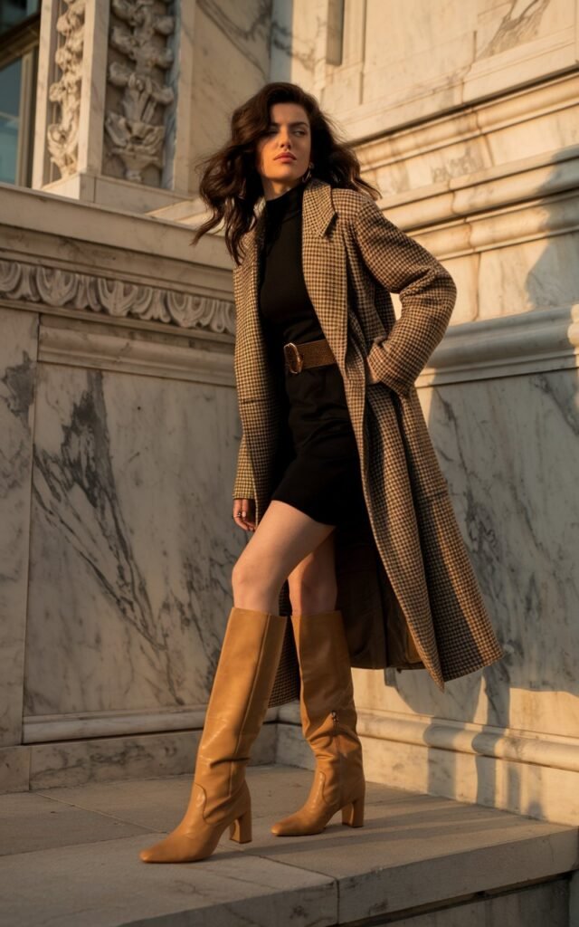 Editorial-style photo of a white-skinned brunette in tan knee-high boots, black turtleneck dress, and a belted coat. She’s posing confidently near marble architecture with golden-hour sunlight highlighting her silhouette. Expression fierce, posture strong and elegant.