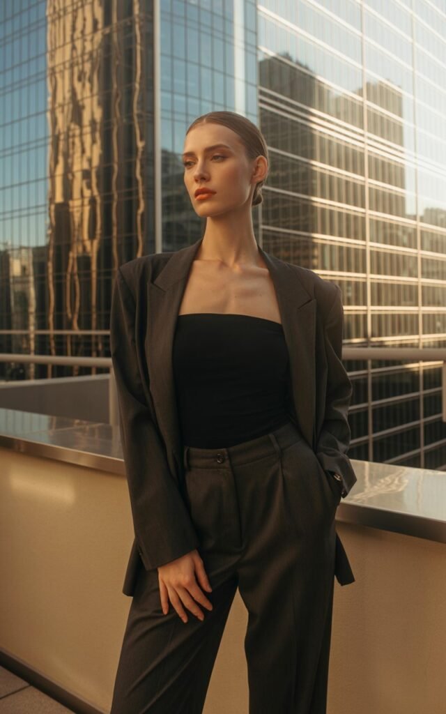 Elegant model with slicked-back brunette hair stands on a modern rooftop terrace. She wears a black tube top, oversized charcoal blazer, and matching trousers with pointed heels. Golden hour light reflects off glass buildings. Strong pose, chin slightly up, projecting quiet power.
