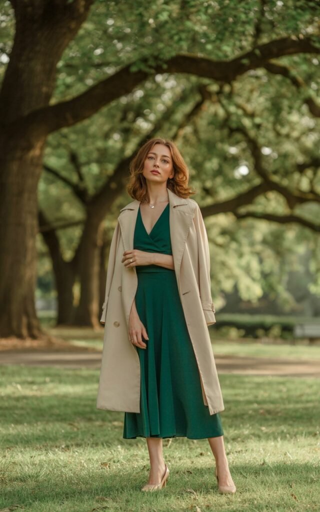 Elegant woman in a deep green midi dress paired with a cream trench coat and nude heels. She stands in a park under tall trees with soft daylight filtering through. Her hair is styled in loose waves, and she gazes calmly into the camera with a serene expression.