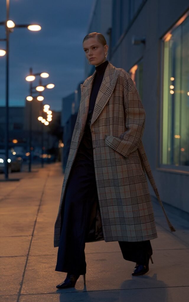 Evening city sidewalk under glowing streetlights. Model with slicked-back bun wears a plaid statement coat, black turtleneck, black trousers, and heeled boots. Lighting is moody and cinematic. She walks confidently, coat flowing slightly — striking and dramatic.