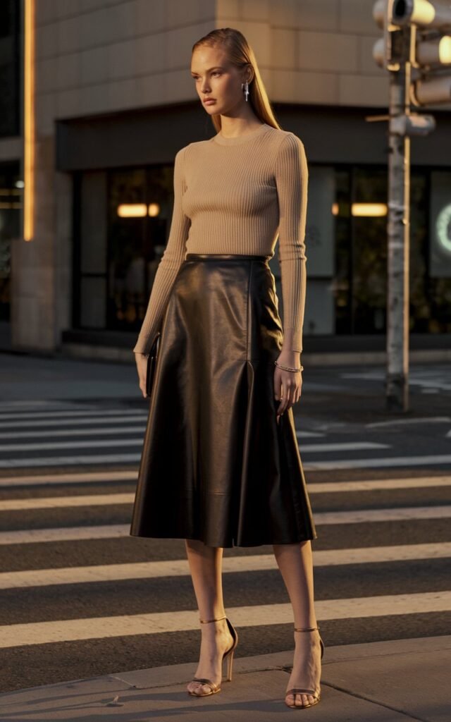 Evening cityscape with warm golden lighting. The model stands near a crosswalk, wearing a sleek black leather midi skirt and a fitted beige knit top. Strappy heels, a clutch, and subtle earrings elevate the look. Her hair is sleek, and the lighting highlights the texture contrast beautifully.