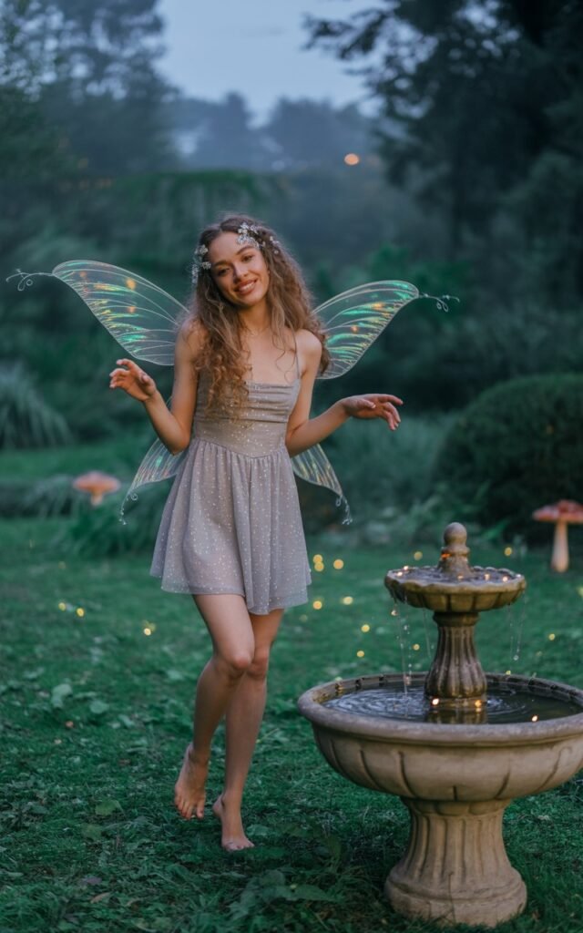 Fantasy-inspired garden photoshoot at twilight. The model wears a sparkly silver mini dress with iridescent fairy wings. Her hair is curled loosely with glitter accents. She stands barefoot in the grass with a playful smile, arms slightly raised as if caught mid-movement.