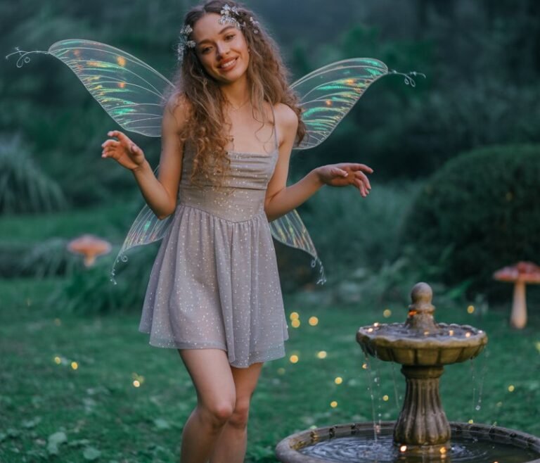 Fantasy-inspired garden photoshoot at twilight. The model wears a sparkly silver mini dress with iridescent fairy wings. Her hair is curled loosely with glitter accents. She stands barefoot in the grass with a playful smile, arms slightly raised as if caught mid-movement.