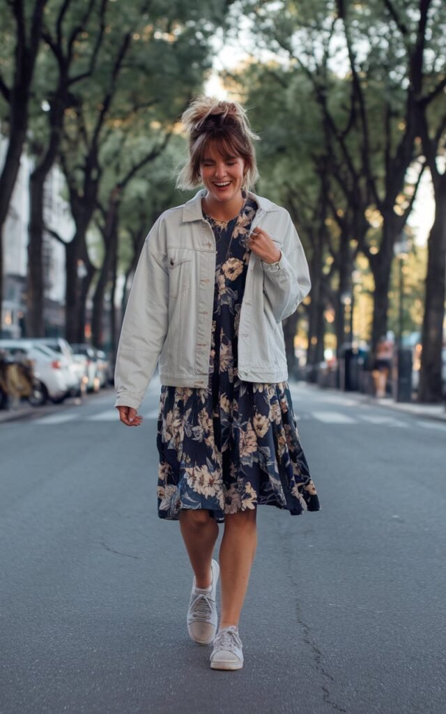 Full-body candid shot on a tree-lined urban street during early afternoon. The model wears a floral tea dress, light-wash denim jacket, and white sneakers. Her hair is in a messy bun, and she’s mid-laugh, walking with a carefree vibe.