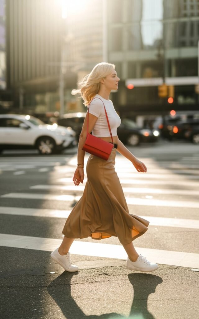 Full-body city street photo at golden hour. The model wears a tan midi skirt, crisp white sneakers, and a cropped white tee with a bold red statement bag. Her blonde hair is swept to the side, and she’s crossing the street confidently, sunlight glowing behind her. Modern, stylish, and effortlessly cool.