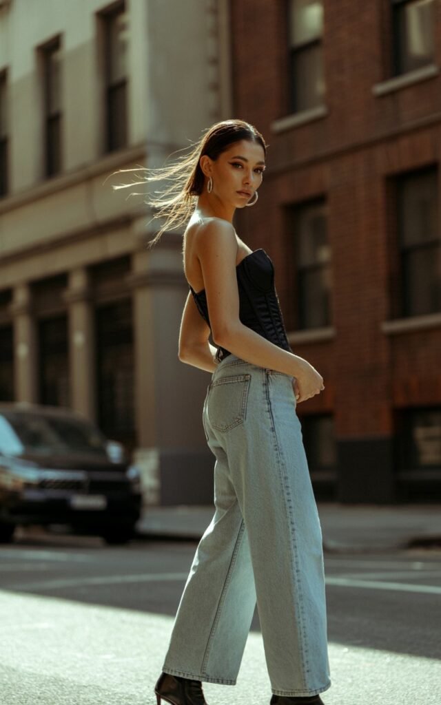 Full-body editorial shot of a model standing in an urban street setting with soft afternoon light. She wears a black structured corset top, light-wash wide-leg jeans, silver jewelry, and heeled ankle boots. Her hair is sleek and loose; she gazes over her shoulder confidently as a breeze lifts her hair slightly.
