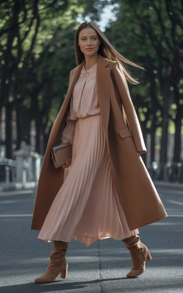 Full-body editorial shot of a woman crossing a city street lined with trees, wearing a blush flowy midi dress under a camel structured coat. She carries a small clutch and wears mid-heel boots. The lighting is soft and natural, enhancing the movement of her dress. Her long, straight hair moves slightly in the wind.