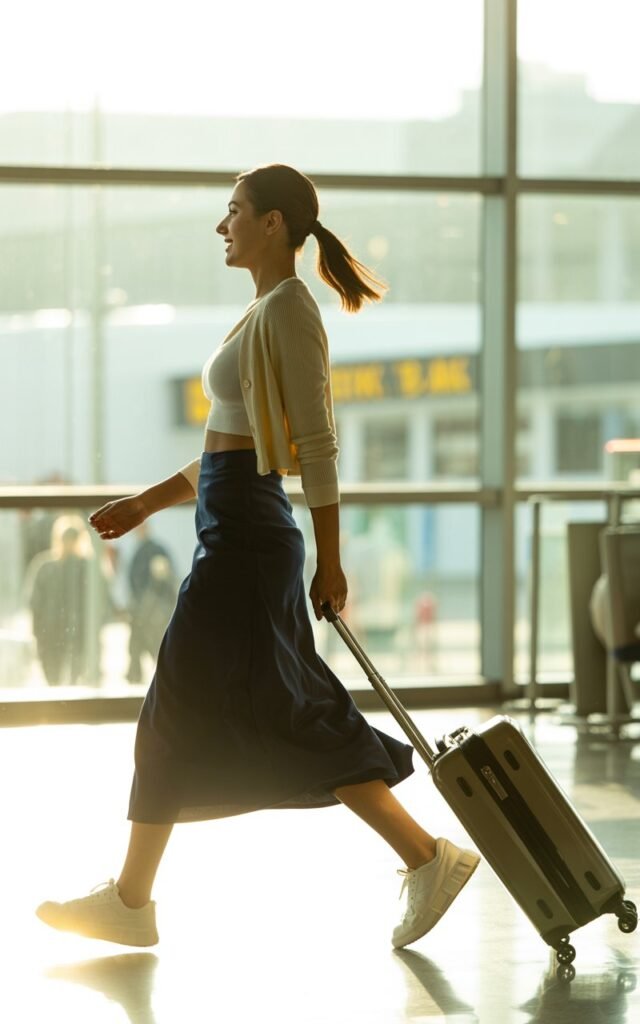 Full-body image at an airport terminal bathed in soft morning light. The model wears a cropped cream cardigan over a navy high-waisted midi skirt with white sneakers and a carry-on suitcase beside her. Her hair is styled in a neat low ponytail, and she’s mid-step, looking poised and ready to travel. Casual elegance meets practicality.