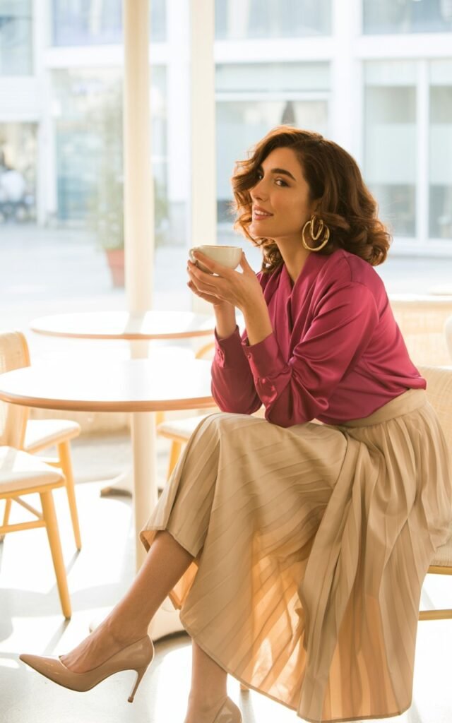 Full-body image in a bright indoor café with large windows and daylight streaming in. The model wears a beige midi skirt paired with a bold red silk blouse tucked in, gold hoop earrings, and nude heels. Her brunette hair is styled in soft curls, and she’s sipping coffee with a thoughtful smile. Chic, clean composition with a warm glow.