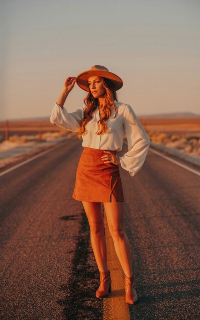 Full-body image in a desert road backdrop during golden hour. The model wears a tan suede mini skirt, white bell-sleeve blouse, and ankle boots. Her hair is long and wavy, and she poses confidently with a wide-brim hat.