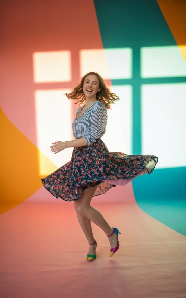 Full-body image in a vibrant studio with colorful backdrops and soft natural lighting. The model wears a striped blouse with a floral skirt, colorful heels, and minimal jewelry. Her hair is loose and natural, and she twirls mid-motion, smiling with joy.