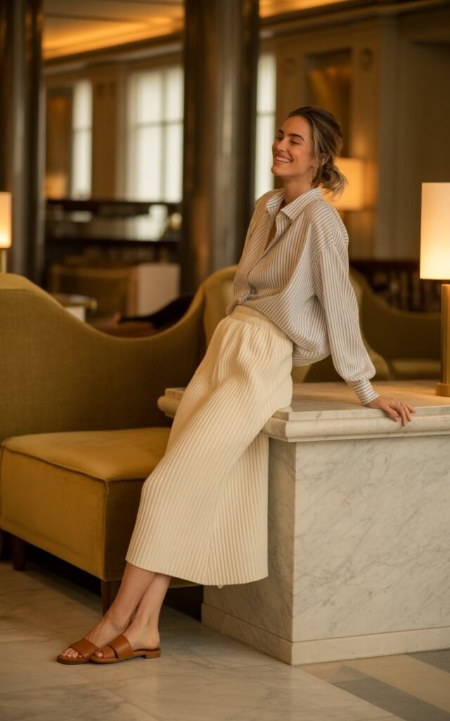 Full-body image inside a boutique hotel lobby with soft indoor lighting. The model wears a cream ribbed midi skirt and a relaxed striped button-up half-tucked, paired with brown leather slides. Her hair is loosely tied back, and she’s leaning casually against a column, smiling naturally. The light is warm, creating a relaxed luxury feel.