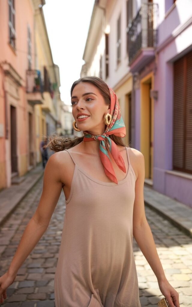 Full-body image of a brunette model wearing a neutral tank dress accessorized with bold gold earrings and a colorful headscarf. She’s walking through a narrow European street lined with pastel buildings. Afternoon sunlight filters through, creating warm shadows. She looks relaxed and elegant.